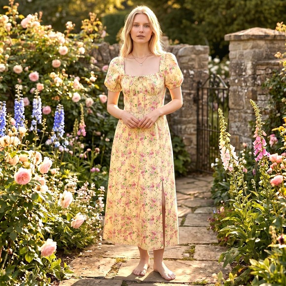 Rosie Posie Dresses & Skirts - Rosie Posie Floral Cottagecore Midi Dress S Yellow Coquette Milkmaid Bridgerton